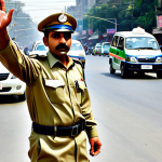 **

"A professional Pakistani traffic police officer in a modest khaki uniform, directing traffic at a busy intersection in Lahore. The officer is fully clothed, wearing appropriate attire. Background shows colorful rickshaws and cars. Safe for work, perfect anatomy, natural proportions, professional photography, high quality, family-friendly."

**