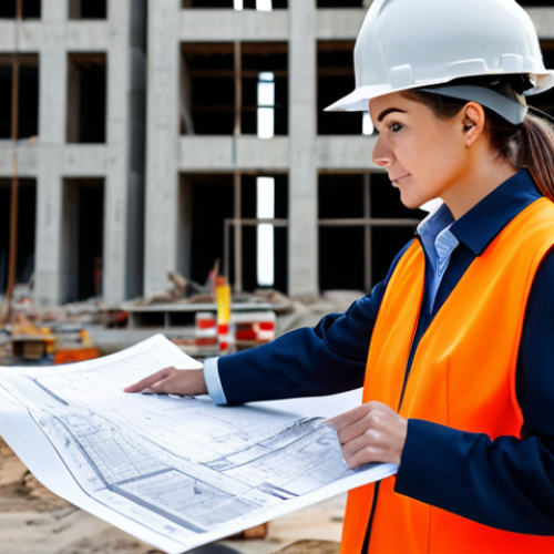 Home 11 **
"Professional female engineer in a hard hat and fully clothed work attire, inspecting a construction site with blueprints in hand, safe for work, appropriate content, perfect anatomy, natural pose, professional photography, high quality."
**