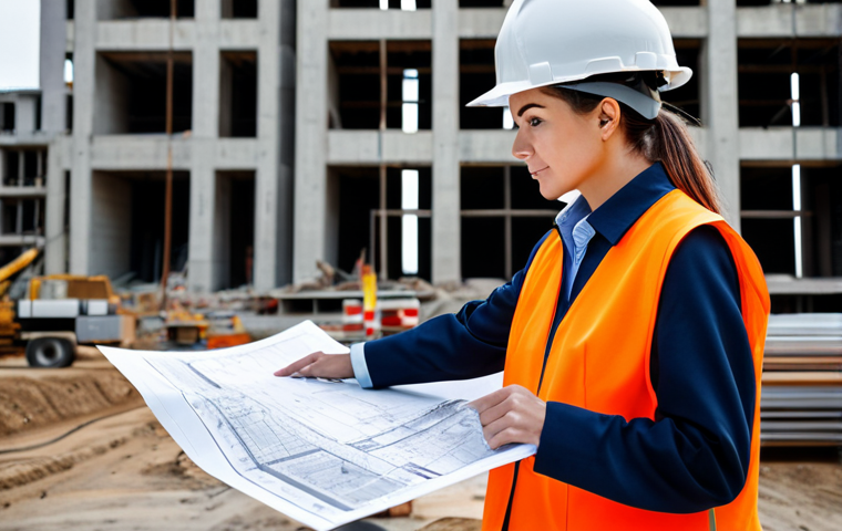 **

"Professional female engineer in a hard hat and fully clothed work attire, inspecting a construction site with blueprints in hand, safe for work, appropriate content, perfect anatomy, natural pose, professional photography, high quality."

**