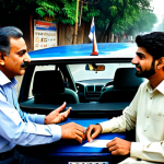 도로교통사 필기시험 대비 핵심 이론 - A fully clothed Pakistani driving instructor, wearing modest professional attire, teaching a young m...