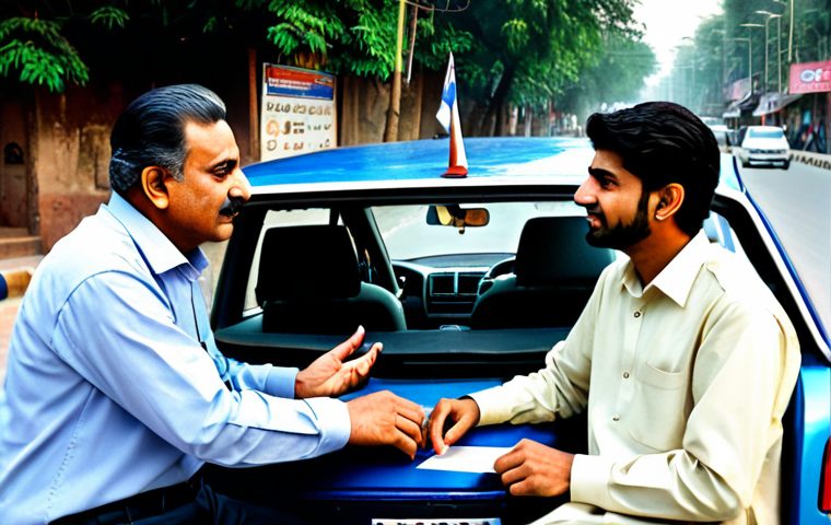도로교통사 필기시험 대비 핵심 이론 - A fully clothed Pakistani driving instructor, wearing modest professional attire, teaching a young m...