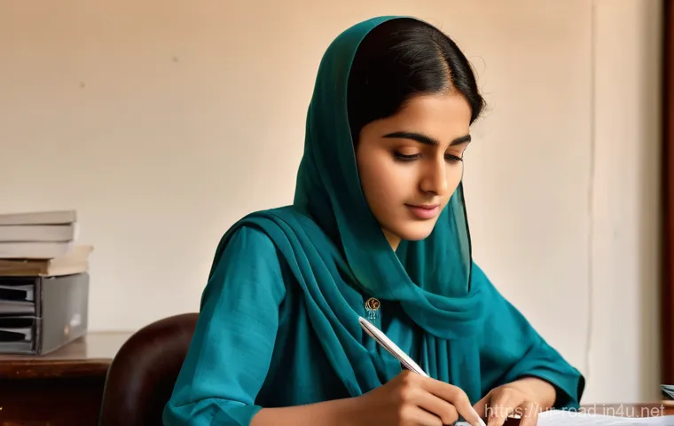 도로교통사 시험 합격자 후기 - **Prompt:** "A focused young Pakistani woman, aged 20s, wearing a modest yet stylish teal blue shalw...