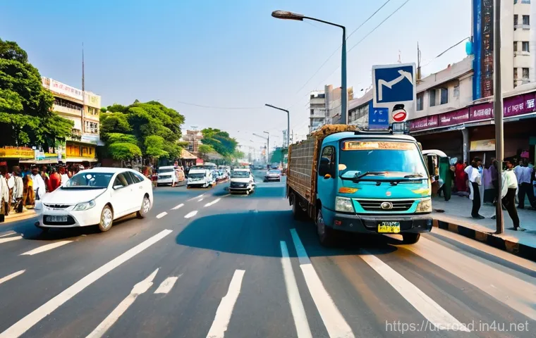 도로교통사 시험에서 자주 나오는 법규 - **Prompt:** A bustling street scene in a vibrant South Asian city during daytime. At a prominent int...