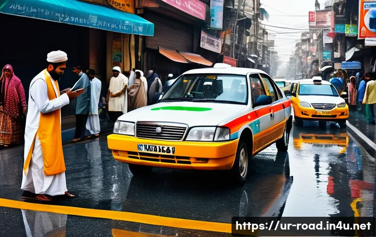 도로교통사 필기시험 대비 문제 풀이 - A vibrant urban street scene in a bustling Pakistani city during daylight, featuring diverse vehicle...