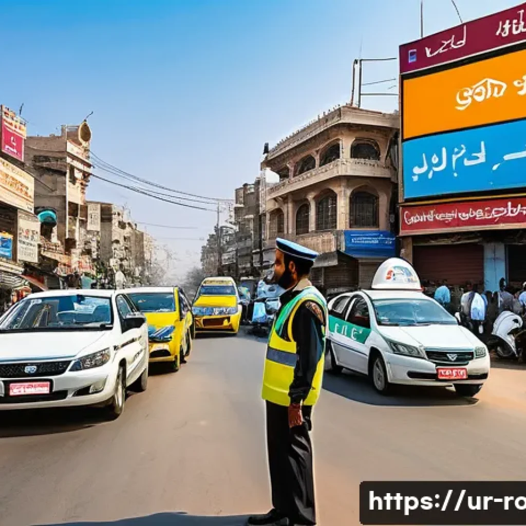 도로교통사와 교통안전 전문가 차이 - A detailed street scene in a busy urban area of Karachi, Pakistan, showing a disciplined Road Traffi...