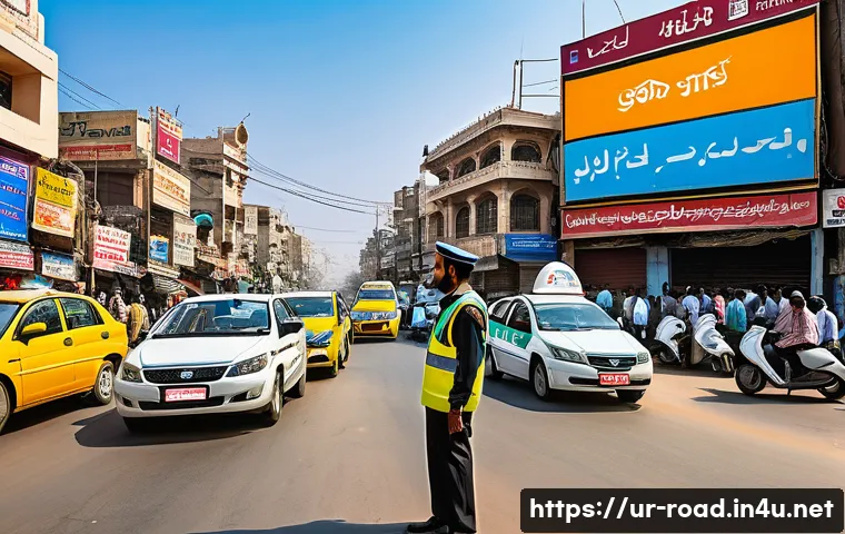 도로교통사와 교통안전 전문가 차이 - A detailed street scene in a busy urban area of Karachi, Pakistan, showing a disciplined Road Traffi...