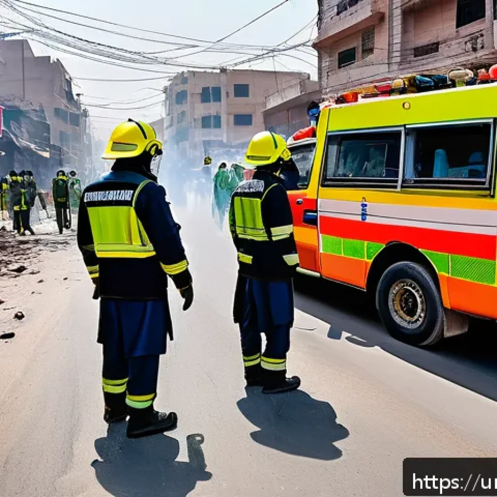 도로교통사 실무 과정에서의 협업 중요성 - A highly detailed scene at a busy urban traffic accident site in Pakistan during daylight, showing a...