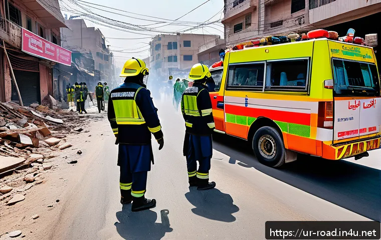 도로교통사 실무 과정에서의 협업 중요성 - A highly detailed scene at a busy urban traffic accident site in Pakistan during daylight, showing a...