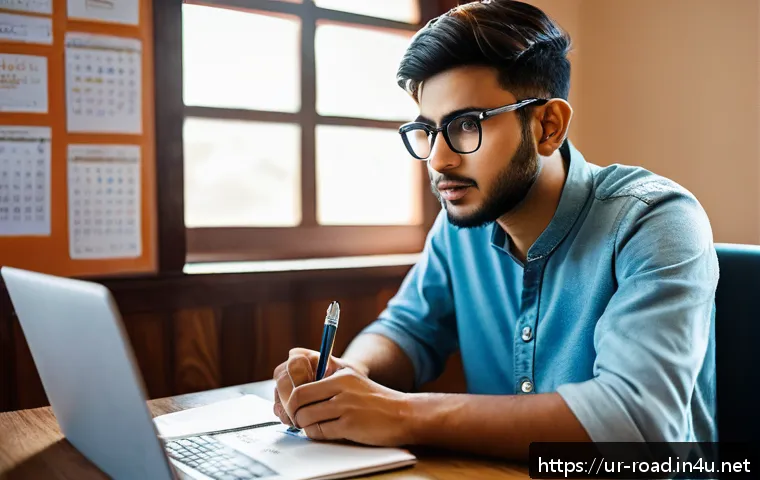 도로교통사 시험 시간 관리 전략 - A focused young South Asian man in his early 20s wearing casual modest clothing and glasses, sitting...