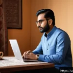 Home 22 도로교통사 이직 시 자격증 활용 - A professional Pakistani man attending an online certification course from home, wearing business ca...