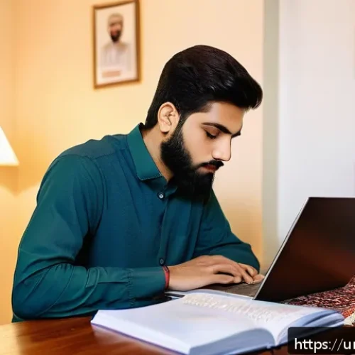 Home 33 도로교통사 시험 준비에서의 시간 관리 방법 - A focused young Urdu-speaking man sitting at a traditional wooden desk in a cozy, well-lit room, stu...