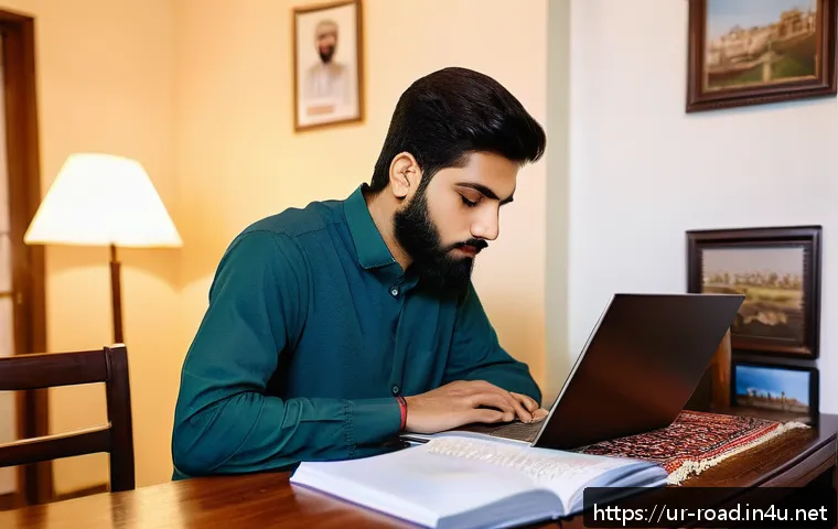 도로교통사 시험 준비에서의 시간 관리 방법 - A focused young Urdu-speaking man sitting at a traditional wooden desk in a cozy, well-lit room, stu...