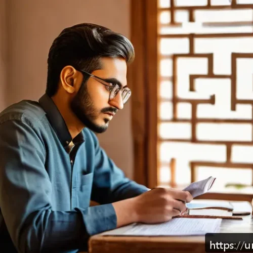 Home 32 도로교통사 필기시험과 실기시험의 차이점 - A focused young South Asian man sitting at a wooden desk in a cozy home study room, reading Urdu lan...