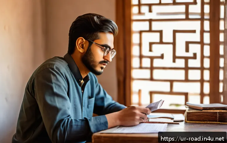 도로교통사 필기시험과 실기시험의 차이점 - A focused young South Asian man sitting at a wooden desk in a cozy home study room, reading Urdu lan...
