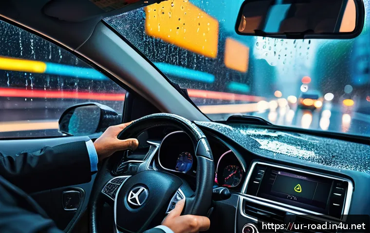 도로교통사 현업 종사자 인터뷰 - A realistic urban road scene in Pakistan during rainy weather, showing a focused male driver wearing...